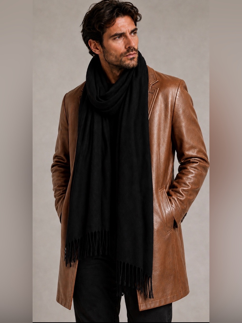 H&M Black Oversized Scarf Mens Wrap Shawl Fringe 71x28” excellent condition